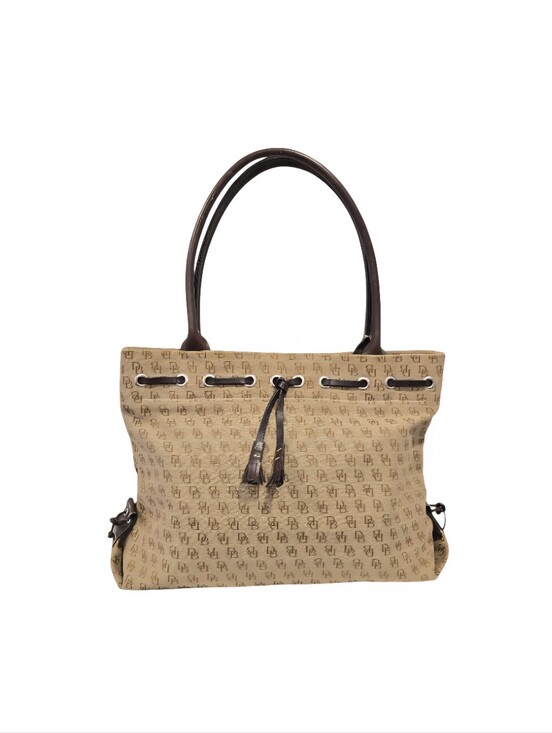 Dooney & Bourke Handbags - Dooney & Bourke Large Beige Monogram Shoulder Bag with Dark Brown Leather Trim